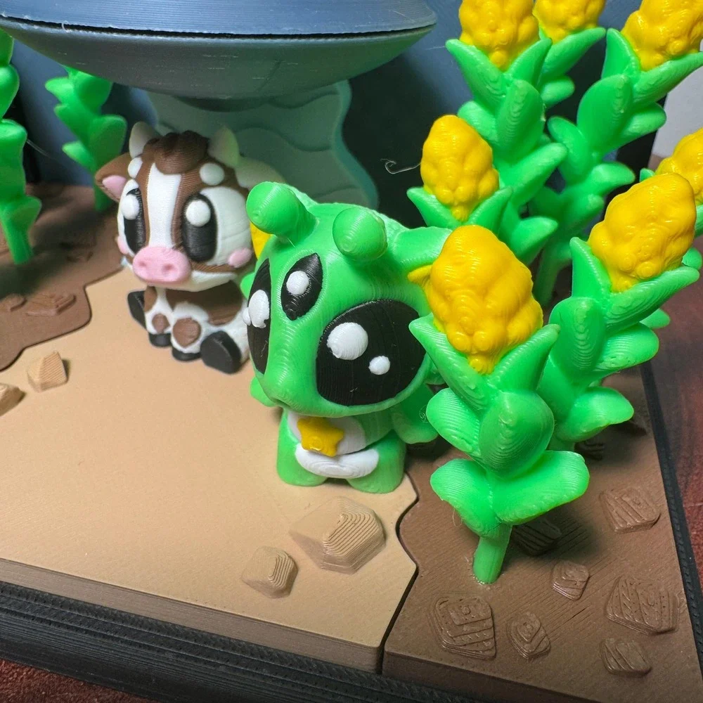 3D Printed Alien‎ UFO Cow Abduction Cornfield Diorama Toy Decor Multi-Color